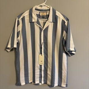 Casual Blue + White Stripe Textured Cotton Button Down Shirt